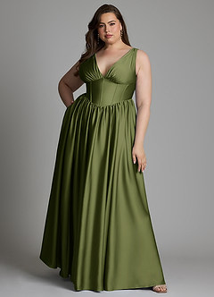 Azazie Delmie Vestidos de damas de honor Vestido Oliva de Satén Elástico de Línea A con Corsé image8