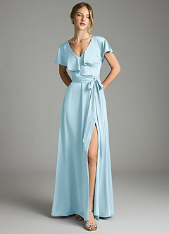 Azazie Lainey Bridesmaid Dresses Sky Blue A-Line with Pockets Stretch Satin Dress image3