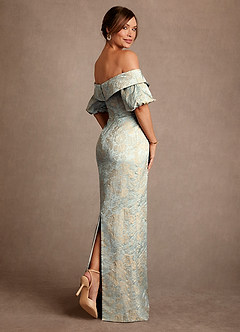Azazie Golda Mother of the Bride Dresses Vintage Blue Sheath Off the Shoulder Jacquard Dress image2