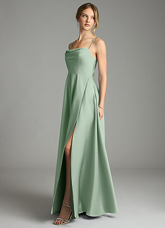 Azazie Elle Bridesmaid Dresses Agave A-Line Pleated Stretch Satin Dress image3
