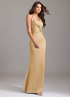 Azazie Valerie Bridesmaid Dresses Gold Mermaid Pleated Stretch Satin Dress image4
