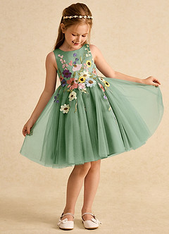 Azazie Prima Blumenmädchenkleider A-Linie Schleifen Tüll Kleid Matcha image3