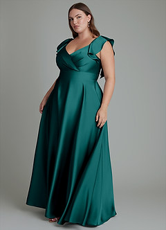 Azazie Leilani Abiti da Damigella Abito A-Line in Raso Elasticizzato Drappeggiato Verde Pavone image15