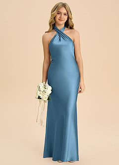 Azazie Chickie Junior Robe Fourreau en Satin extensible Plissée Acier Bleuté image3