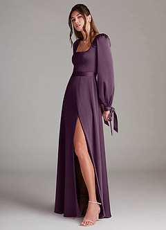 Azazie Leonia Bridesmaid Dresses Plum A-Line Long Sleeve Stretch Satin Dress image5