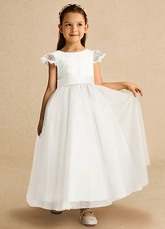 Azazie Pookie Flower Girl Dresses Ivory A-Line Lace Tulle Dress image4