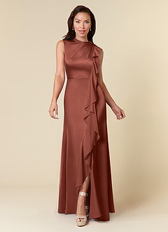 Azazie Narine Mother of the Bride Dresses Auburn A-Line High Neckline Pleated Stretch Satin Dress image3