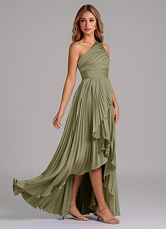 Azazie Lyrica Vestidos de damas de honor Vestido de Pistacho de Satén Elástico de Corte en A con Hombro unilateral image2