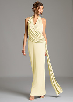 Azazie Nakia Bridesmaid Dresses Lemon Sorbet Sheath Pleated Premium Stretch Jersey Dress image5