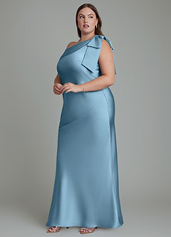 Azazie Yuanna Bridesmaid Dresses Steel Blue Mermaid One Shoulder Stretch Satin Dress image13