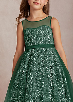 Azazie Siwa Flower Girl Dresses Dark Green A-Line Beaded Tulle Dress image4
