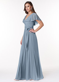 Azazie Jael Robes de demoiselle d'honneur Robe Trapèze en Maille Col en V Bleu Poussiéreux image3