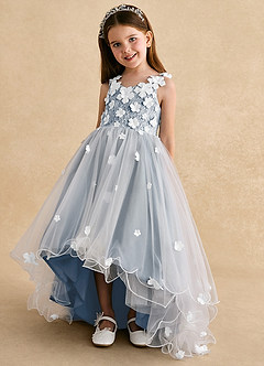 Azazie Celia Flower Girl Dresses Dusty Blue A-Line Lace Tulle Dress image6