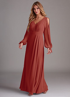 Azazie Matilda Bridesmaid Dresses Terracotta A-Line Long Sleeve Chiffon Dress image1