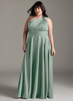 Azazie Charlize Bridesmaid Dresses Agave A-Line One Shoulder Stretch Satin Dress image13