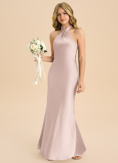 Azazie Chickie Junior 쉬스 주름진 스트레치 새틴 플로어 길이 주니어 신부 들러리 드레스 image4