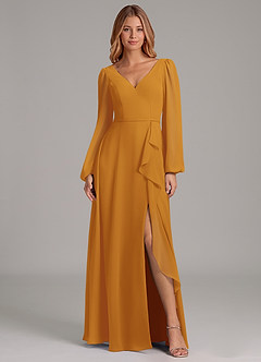 Azazie Simone Abiti da Damigella Abito A-Line in Chiffon Manica Lunga Caramello image3