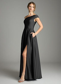 Azazie Melanie Bridesmaid Dresses Black A-Line Off the Shoulder Stretch Satin Dress image4