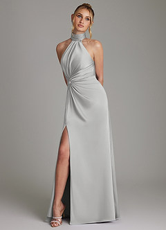 Azazie Gracelynn Bridesmaid Dresses Silver Sheath Pleated Stretch Satin Dress image5