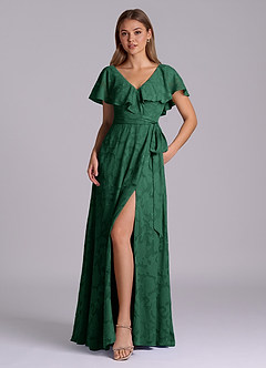 Azazie Lainey Bridesmaid Dresses Dark Green A-Line with Pockets Floral Burnout Dress image1