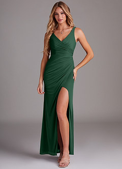 Azazie Leandra Bridesmaid Dresses Dark Green Mermaid V-Neck Pleated Mesh Dress image1