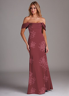 Azazie Saige Bridesmaid Dresses Burgundy Floral Bouquet Sheath Off the Shoulder Stretch Satin Dress image4