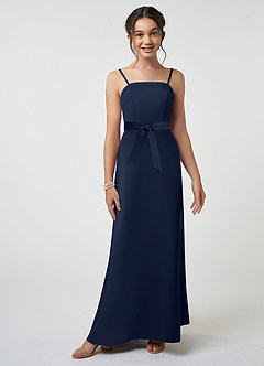Azazie Anina Junior Dark Navy A-Line Bow Matte Satin Dress image4