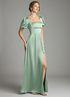 Azazie Fyona Bridesmaid Dresses Agave A-Line Pleated Stretch Satin Dress image5
