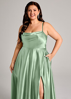 Azazie Elle Bridesmaid Dresses Matcha A-Line with Pockets Metallic Satin Dress image6