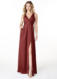 Azazie Nelly Brautjungfernkleider A-Linie Plissee mit V-Ausschnitt Stretch-Satin Kleid Terrakotta image1