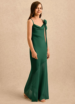 Azazie Kai Girls Formal Flower Girl Dresses Dark Green Sheath Pleated Stretch Satin Dress image4