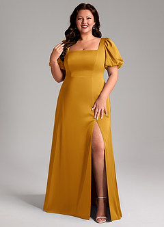 Azazie Fyona Robes de demoiselle d'honneur Robe Trapèze en Satin extensible Plissée Caramel écossais image8