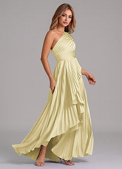 Azazie Lyrica Bridesmaid Dresses Lemon Sorbet A-Line One Shoulder Stretch Satin Dress image3