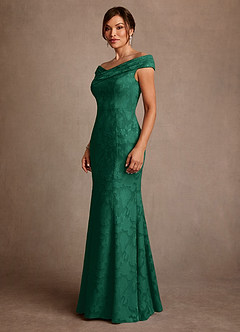 Azazie Aberdeen Mother of the Bride Dresses Emerald Sheath Pleated Floral Burnout Dress image4
