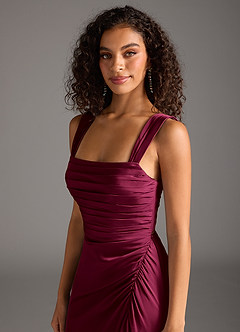 Azazie Jesaphine Bridesmaid Dresses Burgundy Sheath Bow Stretch Satin Dress image3
