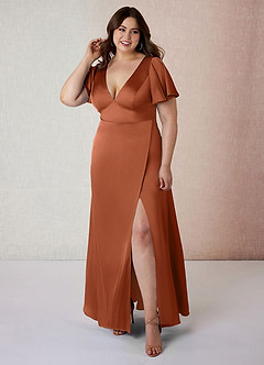 Azazie Lani Bridesmaid Dresses Cedar Rose A-Line Flounce Sleeve Stretch Satin Dress image7
