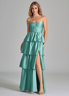 Azazie Faye Bridesmaid Dresses Aqua A-Line Ruched Stretch Satin Dress image4