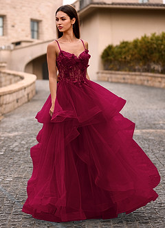 Dreama Burgundy Lace Corset Ruffle Prom Dress image3