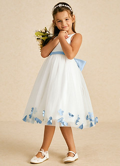 Azazie Dot Flower Girl Dresses Ivory Powder Blue A-Line Bow Tulle Dress image4