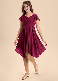 Azazie Janeaurelia Junior Burgundy A-Line Pleated Chiffon Dress image3