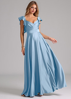 Azazie Leilani Bridesmaid Dresses Powder Blue A-Line Ruched Stretch Satin Dress image1