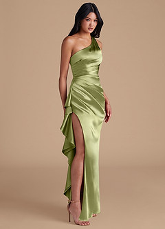 Azazie Latrice Bridesmaid Dresses Pistachio Sheath One Shoulder Metallic Satin Dress image1