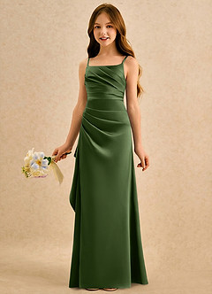 Azazie Cannoli Girls Formal Robe Demoiselle D'honneur Fillette Robe Trapèze en Mat Satiné Plissée Olive image5