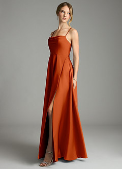 Azazie Elle Bridesmaid Dresses Burnt Orange A-Line Pleated Stretch Satin Dress image3