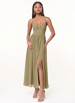 Azazie Zeya At-home Try On Dresses Moss Green A-Line Pleated Chiffon Dress image1