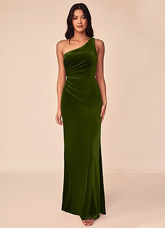 Azazie Argan Bridesmaid Dresses Olive A-Line One Shoulder Pleated Velvet Dress image1