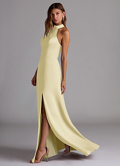 Azazie Myra Bridesmaid Dresses Lemon Sorbet A-Line High Neck Stretch Satin Dress image5