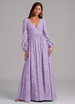 Azazie Norah Vestidos de damas de honor Vestido de Lila de Devorado Floral de Corte en A con Manga larga image1