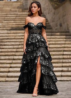 Glitz Zwart Geplooide A-lijn galajurk image5