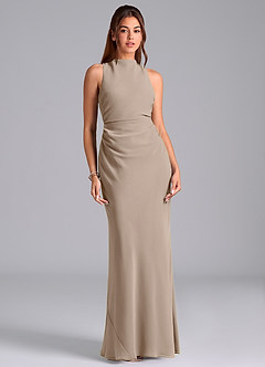 Azazie Evadne Bridesmaid Dresses Taupe Sheath Pleated Chiffon Dress image3